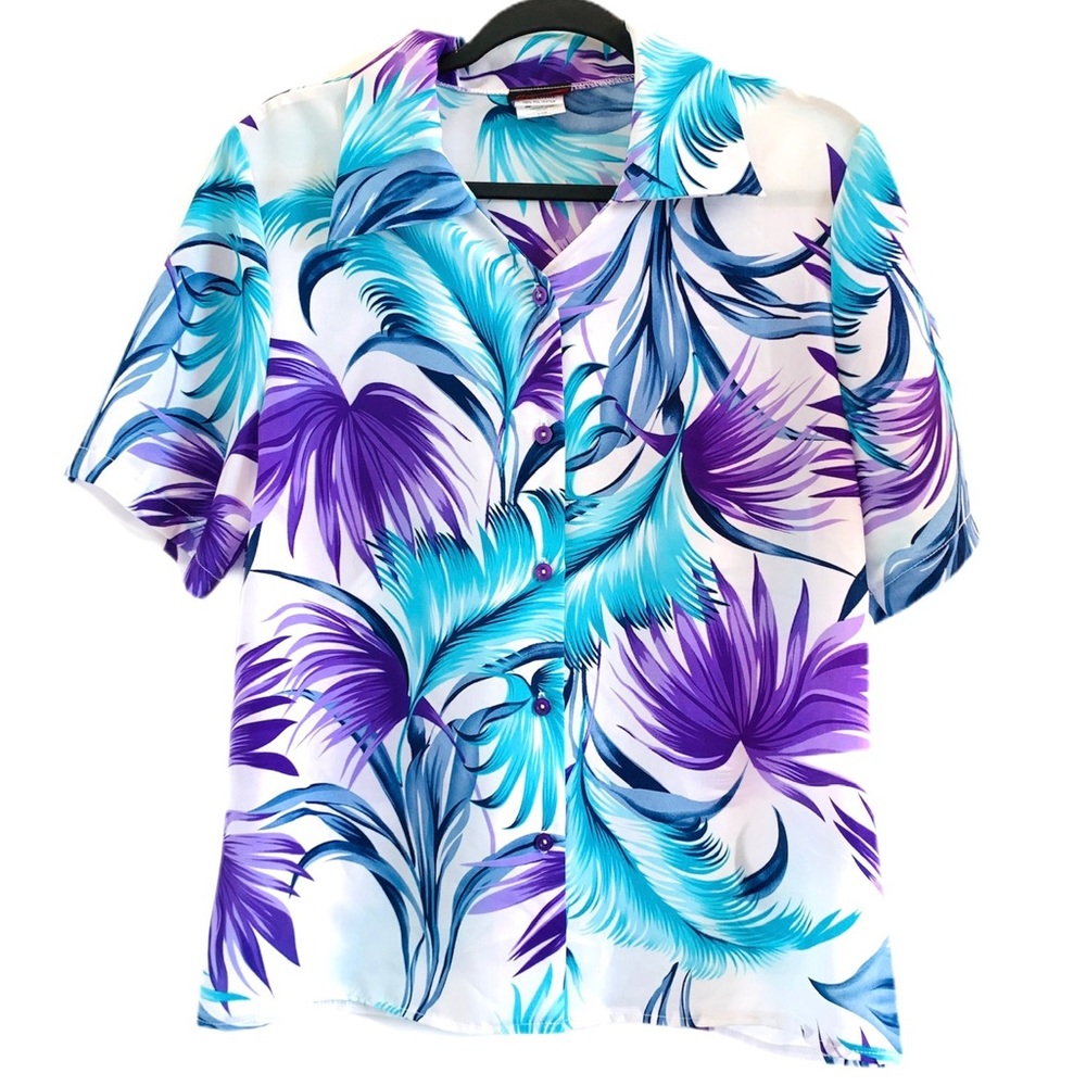 Vintage Tropical Palm Print Button-Down Shirt in Purple & Teal